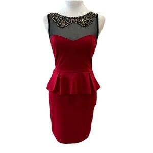 Vtg BUI YAH KAH USA Red Peplum Pencil Dress M Sequined Collar Black Mesh Y2K